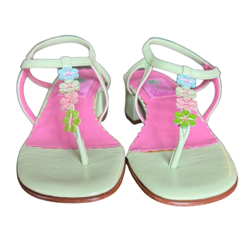 Lilly Pulitzer Green Low Heel Sandals With Flower Accents - Size 6.5